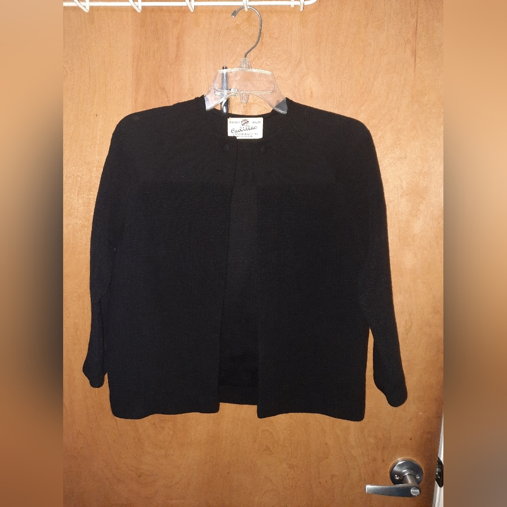 Cadillac Vintage Knit Cardigan Sweater Italy Virgin Wool Black 14 60s Medium EUC